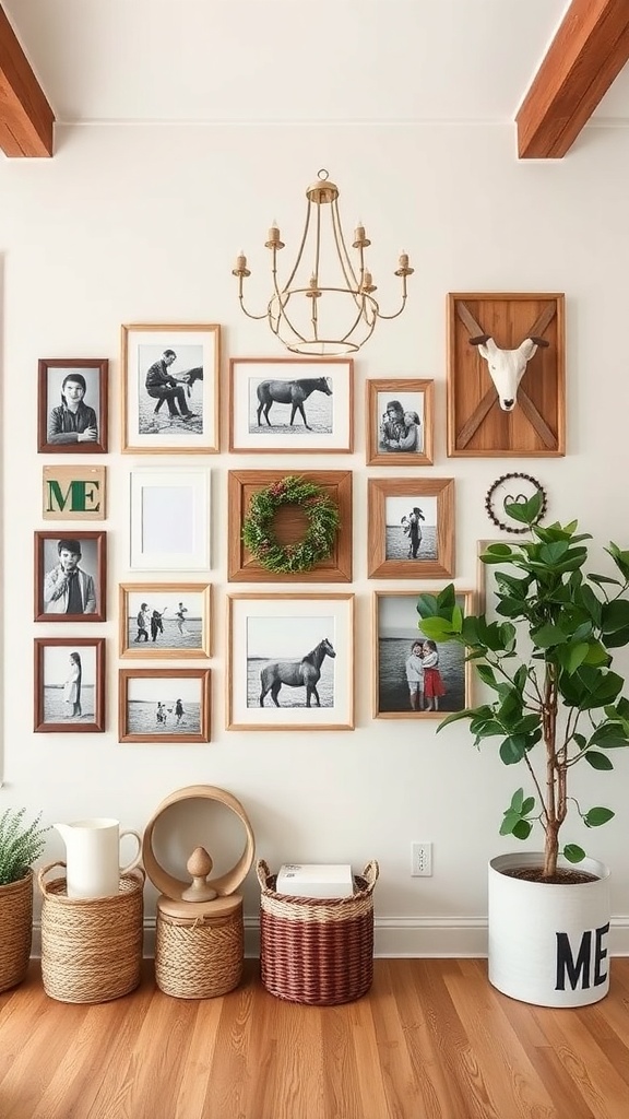 A cozy gallery wall featuring various framed photos and decorative elements.