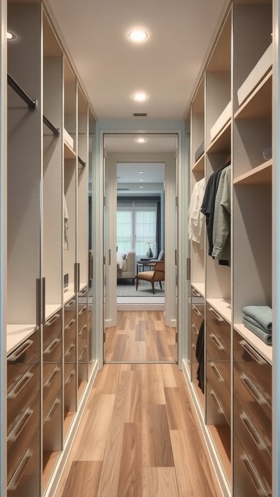 A galley style walk-in closet with mirrored doors, shelves, and drawers on both sides.