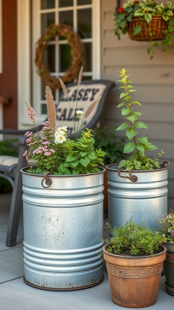 Two galvanized metal containers with plants on a porch