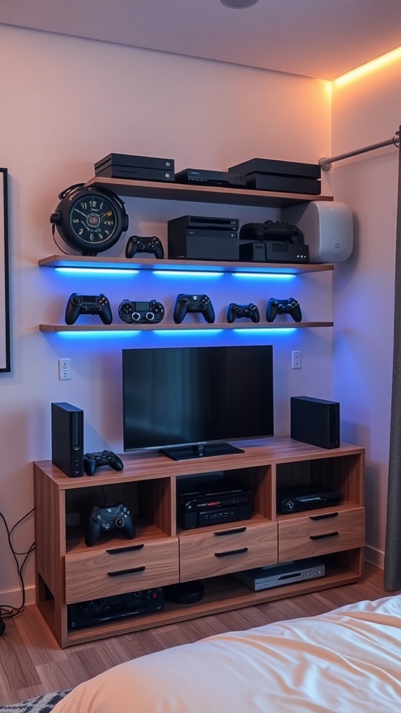 A stylish gaming console display with shelves, LED lighting, and a TV setup.