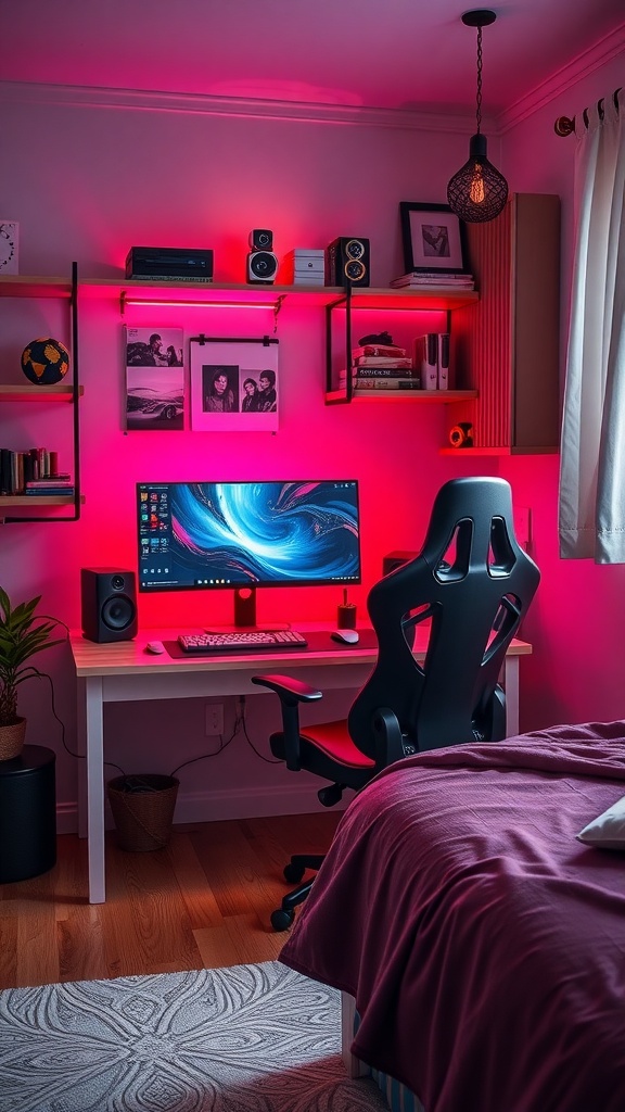 A modern gaming desk setup with a large monitor, speakers, ergonomic chair, and pink lighting.