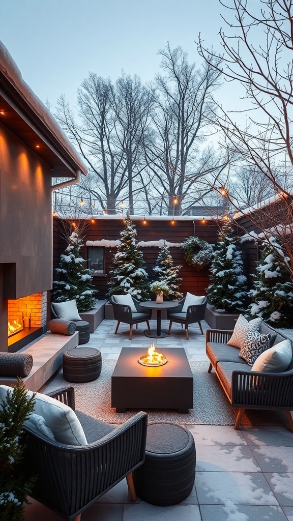 Moderne Terrasse mit Kamin, gemütlichen Sitzgelegenheiten und schneebedeckten Bäumen im Hintergrund