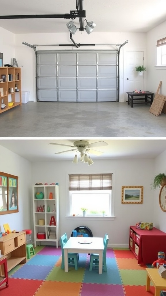 Before and after images of a garage converted into a colorful playroom.