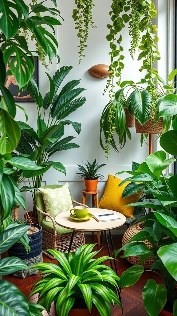 A cozy coffee nook surrounded by lush green plants, featuring a small table with a cup of coffee and a notebook.