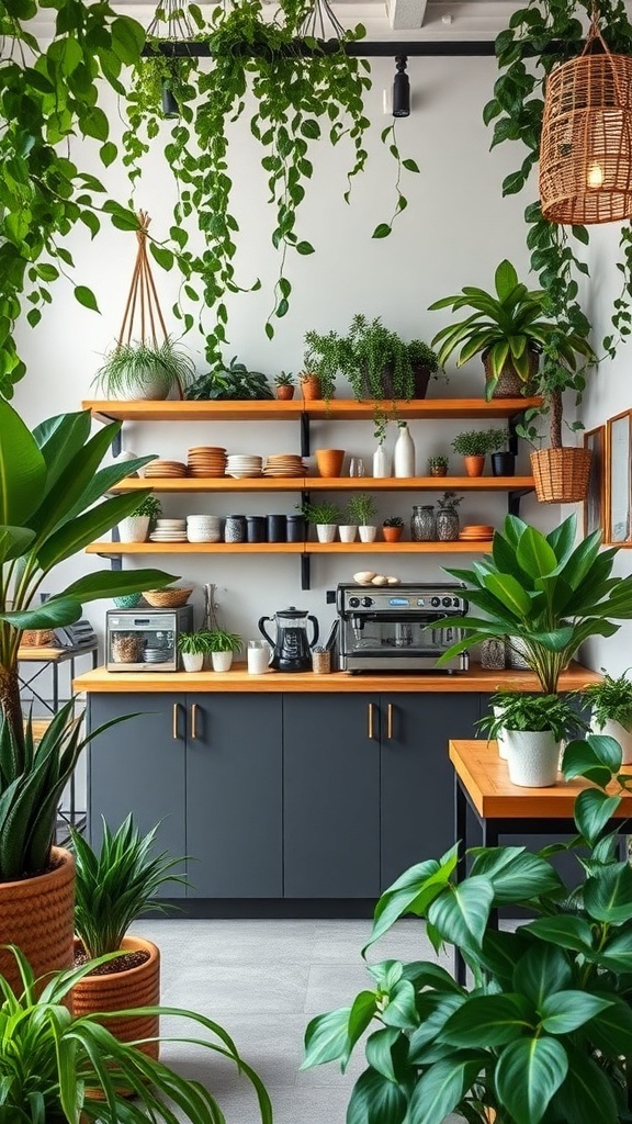 A cozy garden-inspired coffee space with plants, wooden shelves, and a coffee machine.