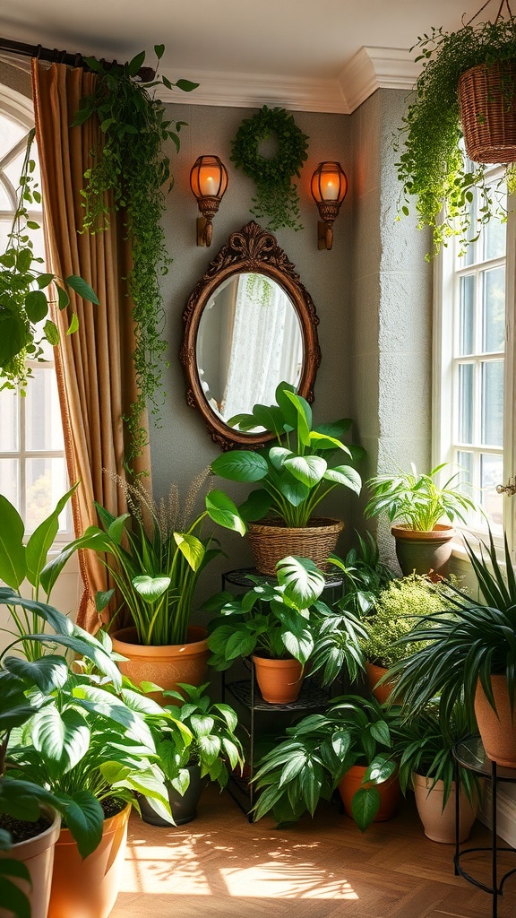 A cozy indoor space filled with various indoor plants, showcasing a garden-inspired decor.