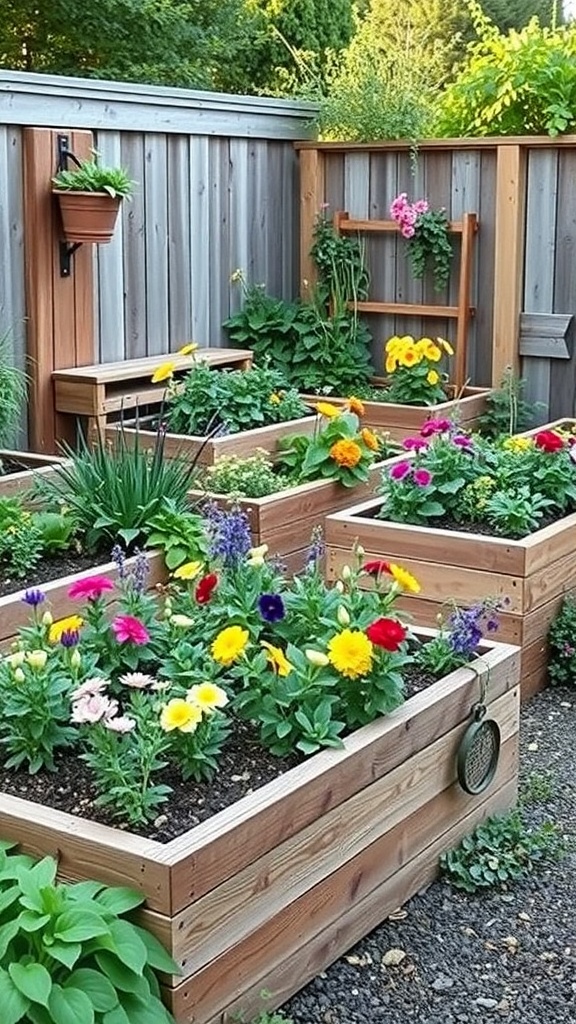 Colorful flower garden beds framed with reclaimed wood