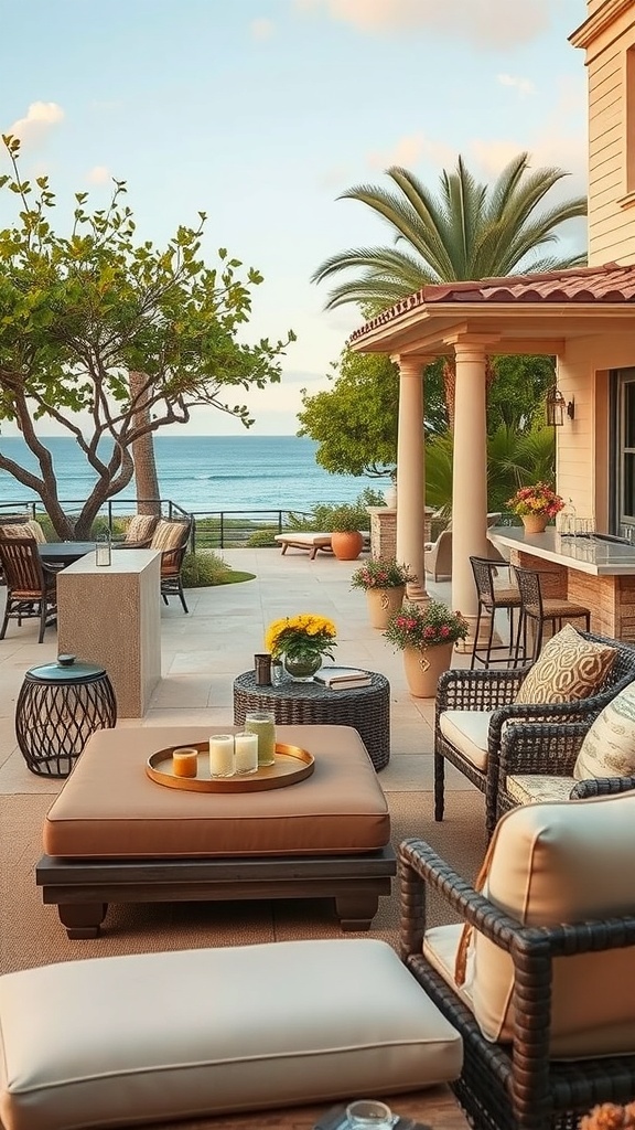 Gemütliche Gartenlounge mit erdigen Textilien und Blick auf das Meer