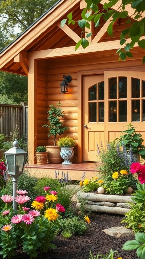 A cozy wooden cabin surrounded by colorful flowers and plants, creating a welcoming garden space.