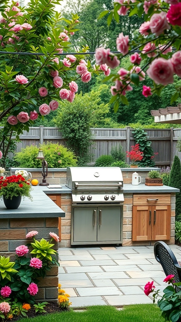 Outdoor kitchen surrounded by blooming flowers and greenery