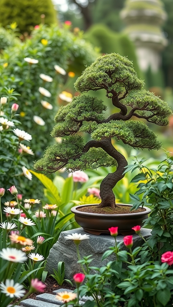 A beautiful bonsai tree surrounded by colorful flowers in a garden setting.