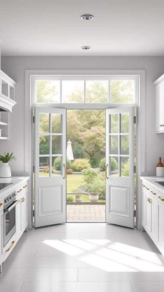 Bright kitchen with white French doors opening to a garden view