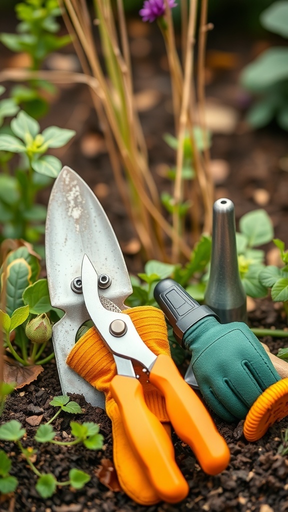 A collection of gardening tools including pruning shears, a hand trowel, and a garden glove on dark soil with plants.