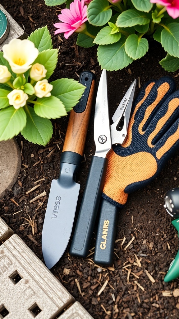 Essential gardening tools including a trowel, pruning shears, and gardening gloves, surrounded by vibrant flowers.