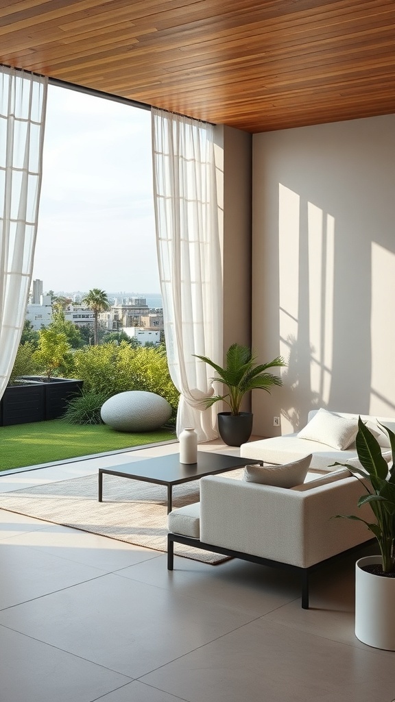 Moderner Wohnbereich mit Blick auf den Garten, große Fenster und helle Vorhänge
