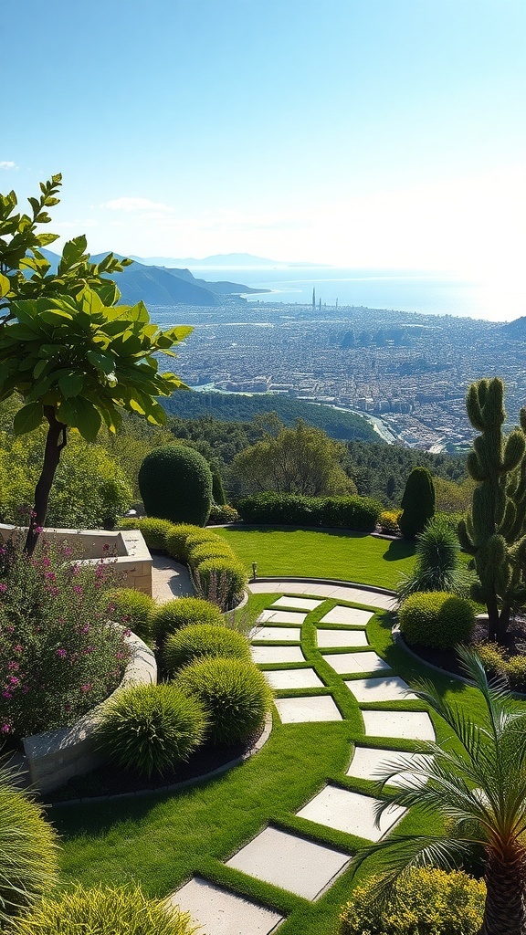 Garten mit Blick auf die Natur, gepflegte Rasenflächen und schöne Pflanzen