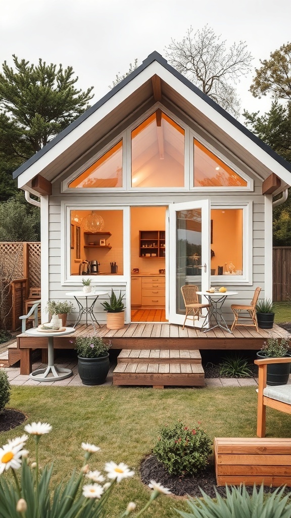 Ein modernes Tiny House mit einer einladenden Terrasse und einem gepflegten Garten.