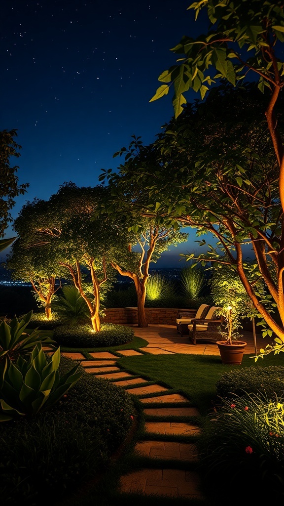 Ein wunderschöner Garten bei Nacht mit beleuchteten Bäumen und einem gepflasterten Weg.