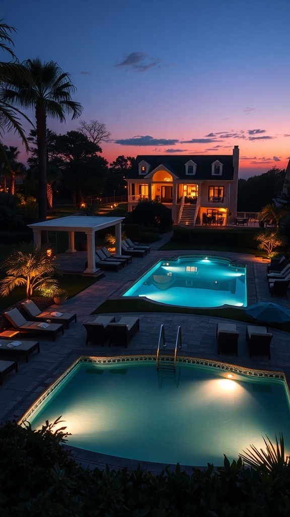 Luxuriöser Garten mit beleuchtetem Pool und Palmen bei Sonnenuntergang