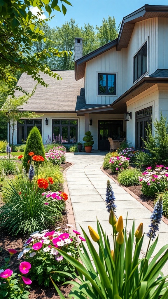 Ein modernes Bauernhaus mit einem gepflegten Garten voller bunter Blumen und einem klaren Weg zum Eingang.