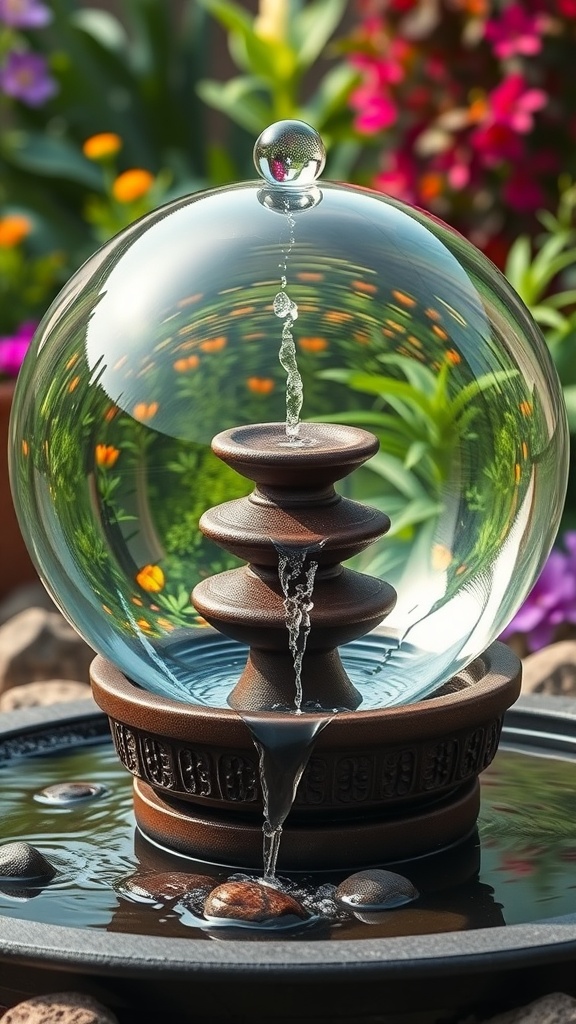 A gazing ball fountain with a clear glass orb and flowing water, surrounded by colorful flowers.