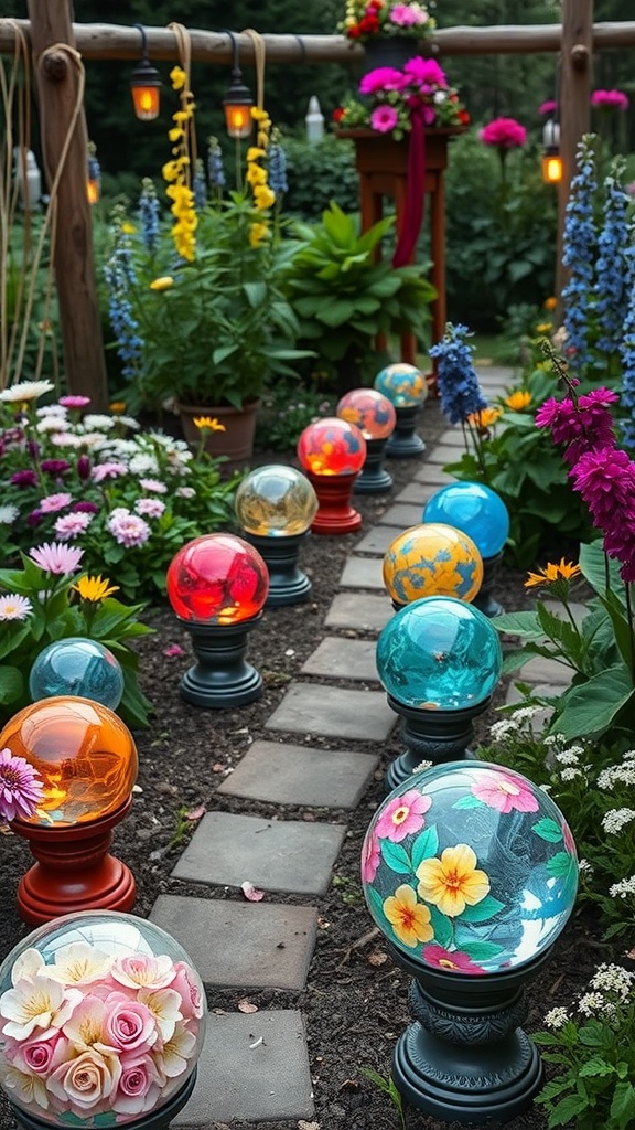 A garden path lined with colorful gazing globes surrounded by vibrant flowers.
