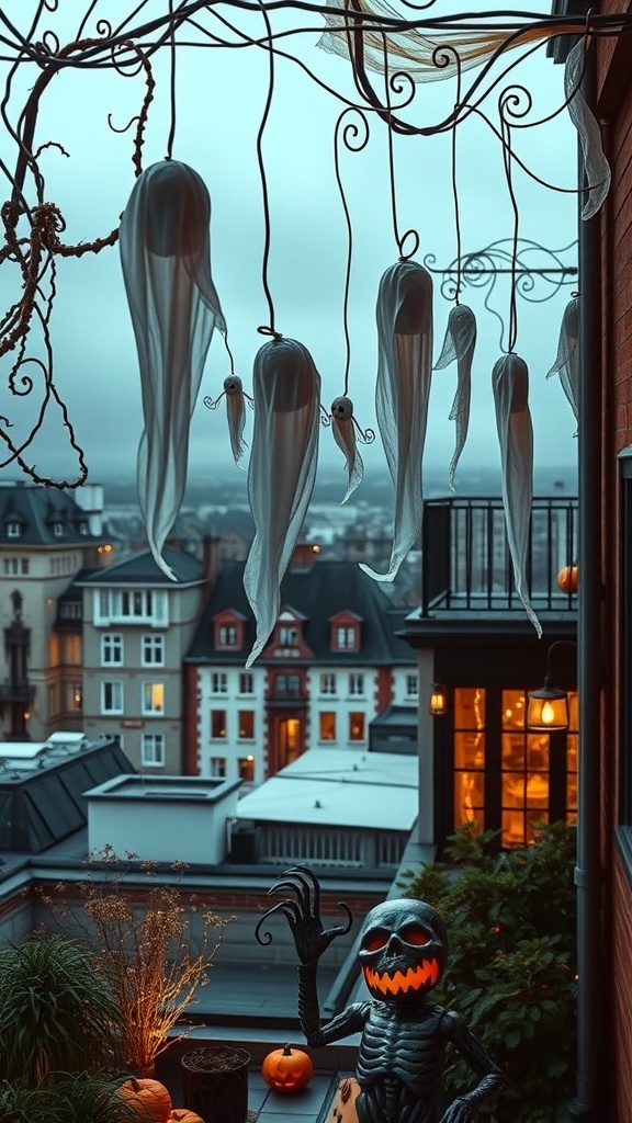 Hängende Geisterdekorationen auf einer Dachterrasse mit Kürbissen und einem grinsenden Skelett
