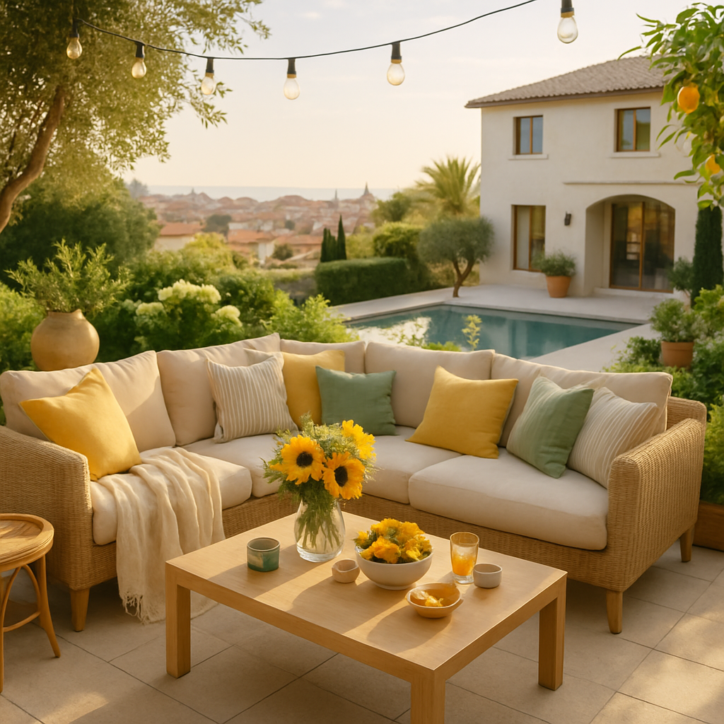 Gemütlicher Außenbereich mit einer Couch, bunten Kissen, Sonnenblumen und einem Pool im Hintergrund