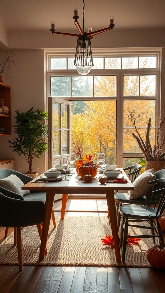 Gemütlicher Essbereich mit herbstlicher Dekoration, Tisch gedeckt mit Kürbissen und Blick auf die herbstliche Landschaft