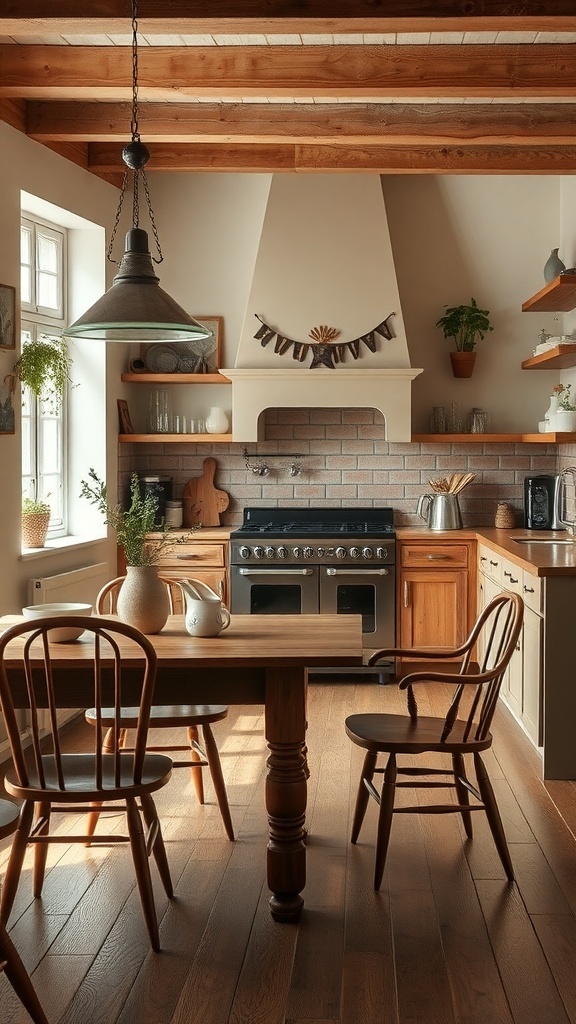 Ein gemütlicher Essbereich mit einem Holztisch, Stühlen und einem Kamin.