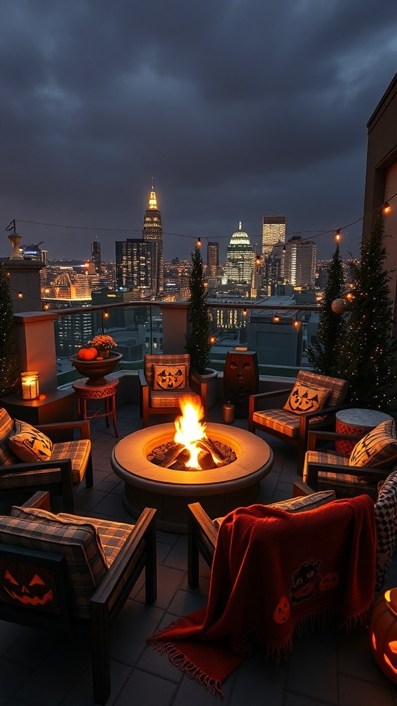 Gemütliche Sitzecke mit Feuerschale auf einer Dachterrasse, umgeben von Halloween-Dekoration und Stadtlichtern im Hintergrund.