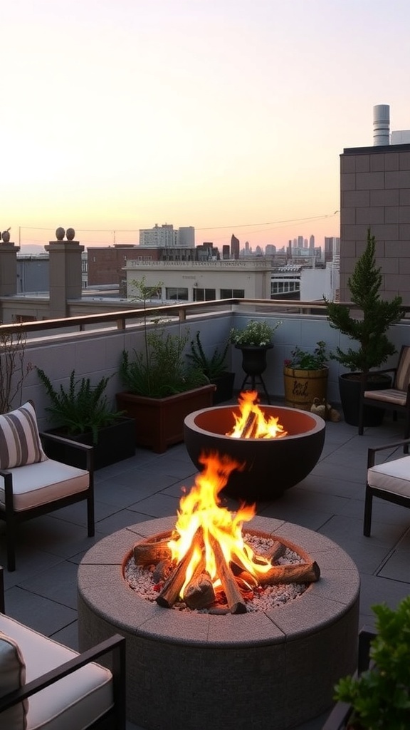 Gemütliche Dachterrasse mit Feuerschale und Sitzgelegenheiten