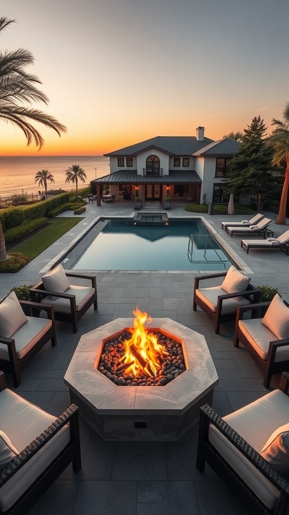 Gemütliche Feuerstelle in einem luxuriösen Garten mit Blick auf den Pool und den Sonnenuntergang.
