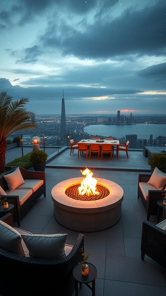 Gemütliche Feuerstelle auf einer Dachterrasse mit Blick auf die Stadt bei Nacht