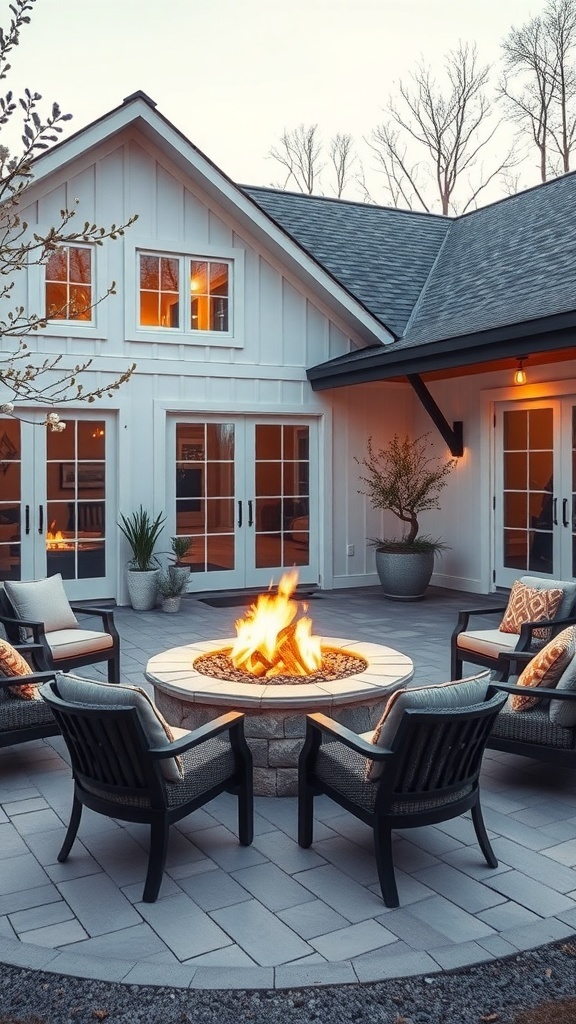 Gemütliche Feuerstelle im Freien mit modernen Stühlen und einem schönen Haus im Hintergrund