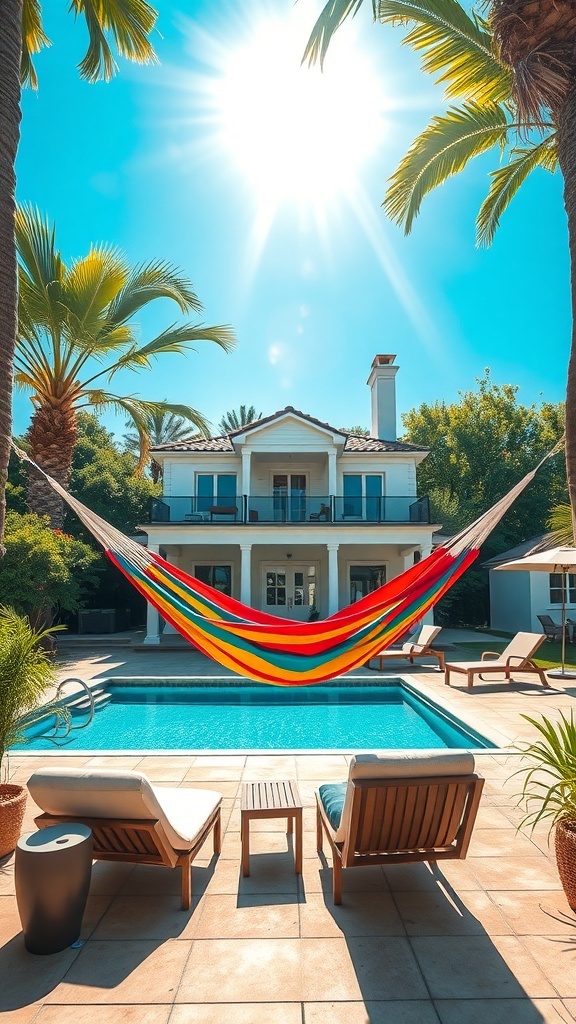 Bunte Hängematte zwischen Palmen, Pool und einem schönen Haus im Hintergrund