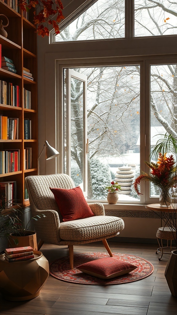 Gemütliche Leseecke im Wintergarten mit Sessel, Bücherregal und Blick auf verschneite Bäume