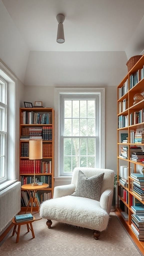 Gemütliche Leseecke mit einem weißen Sessel, einer Designer-Lampe und Bücherregalen