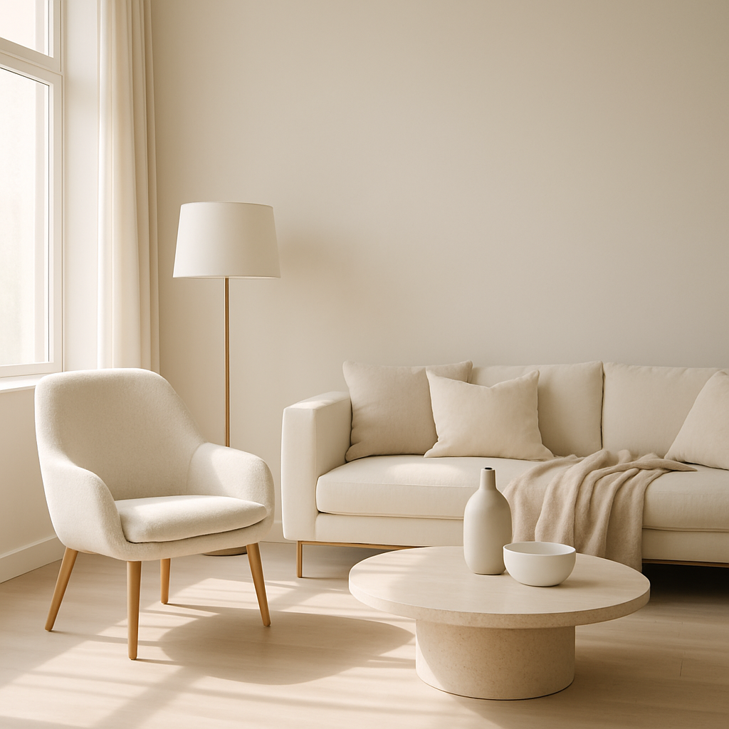 Gemütliche Leseecke mit einem Sessel, einem Sofa und einem runden Tisch in einem minimalistischen Wohnzimmer