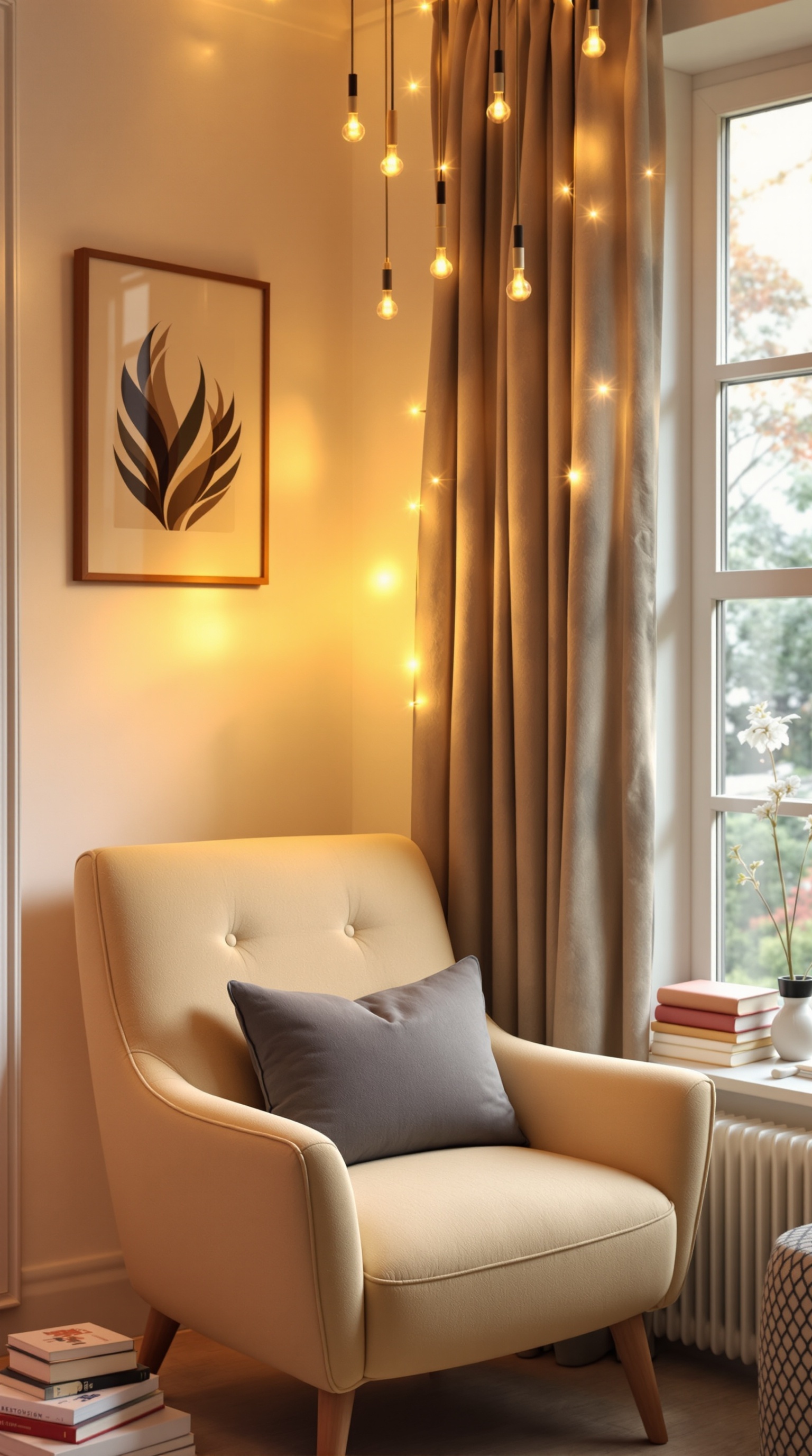 Gemütliche Leseecke mit Sessel, Bücherstapel und Pflanzen