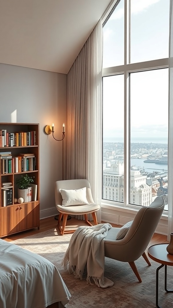 Gemütliche Leseecke in einem modernen Schlafzimmer mit Blick auf die Stadt