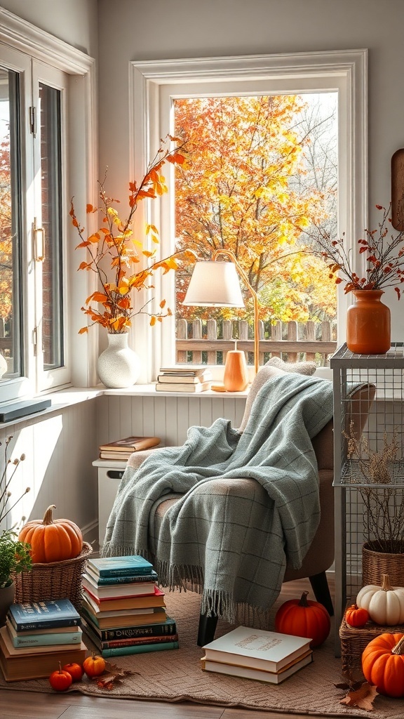 Gemütliche Leseecke mit Sessel, Bücherstapeln und herbstlicher Dekoration