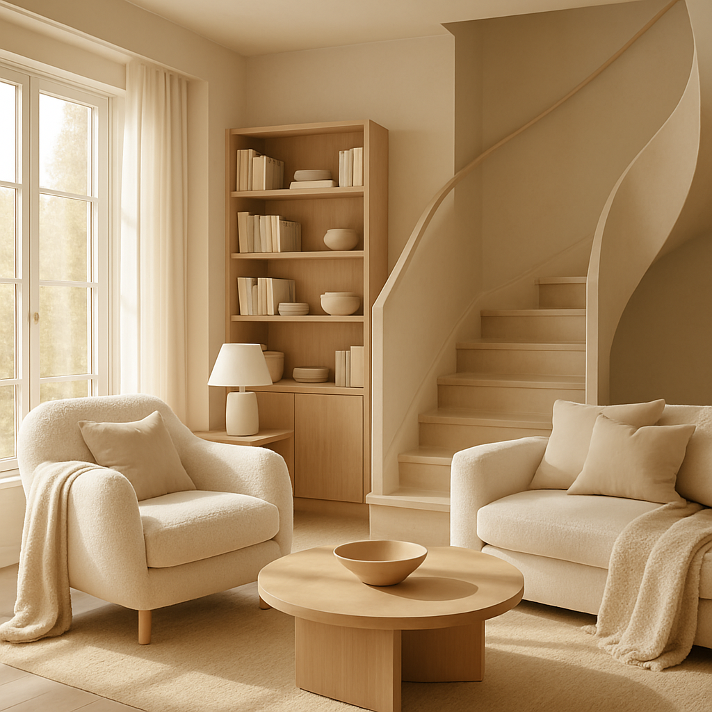Gemütliche Leseecke mit zwei Sessel, einem Couchtisch und einem Bücherregal in einem modernen Wohnzimmer