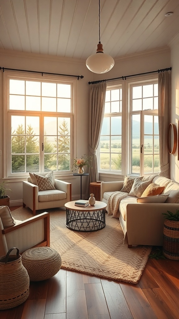 Gemütliche Leseecke im modernen Wohnzimmer im Bauernhausstil mit großen Fenstern, bequemen Sesseln und einem runden Couchtisch.