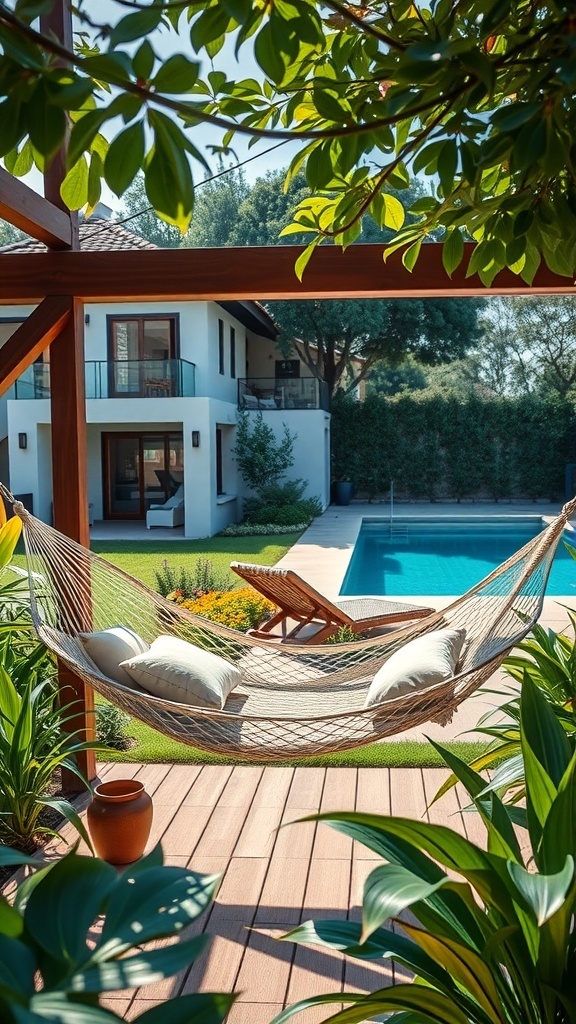 Gemütliche Leseecke im Freien mit Hängematte, Kissen und Blick auf den Pool