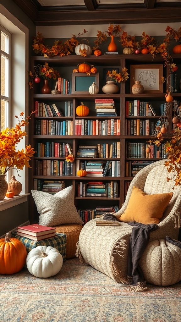 Gemütliche Leseecke mit herbstlichen Accessoires, Sessel, Bücherregal und Kürbissen
