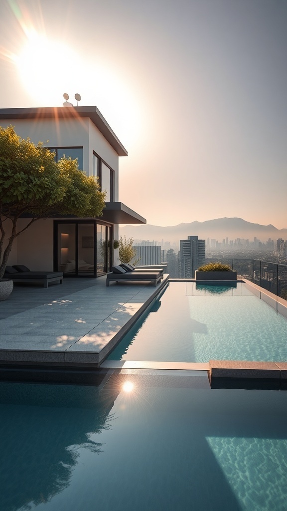 Gemütliche Terrasse mit Pool, bunten Kissen und einem Überwurf für eine entspannte Leseecke im Sommer.