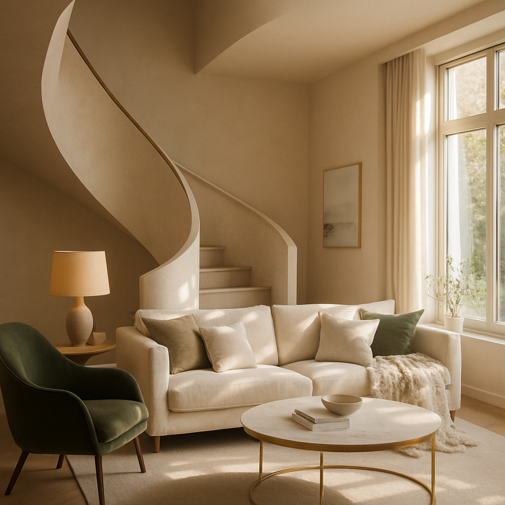 Gemütliche Leseecke mit einem hellen Sofa, einem Sessel, einem Couchtisch und einer geschwungenen Treppe.