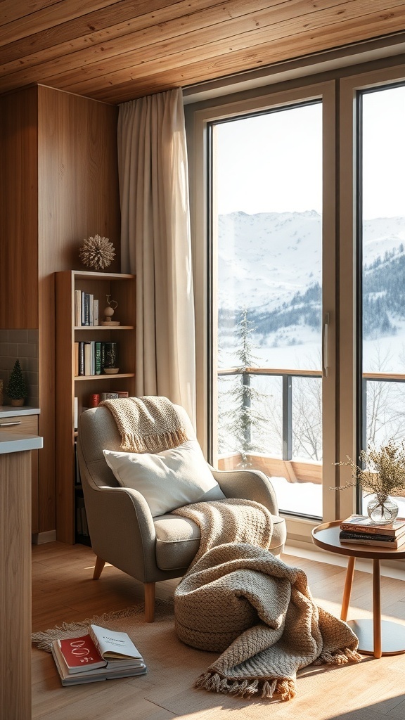 Gemütliche Leseecke mit Sessel, Decke und Blick auf verschneite Berge
