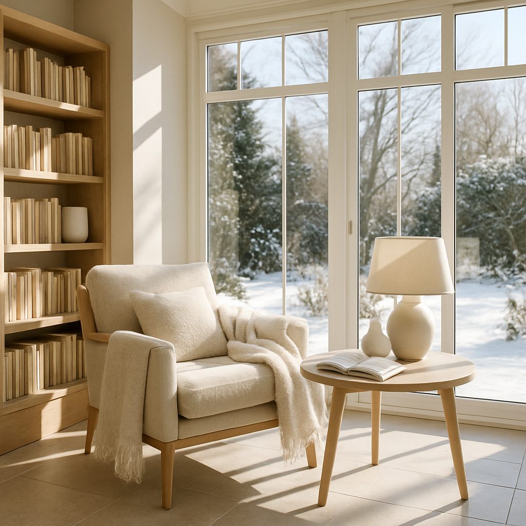 Gemütliche Leseecke in einem modernen Wintergarten mit Sessel, Tisch, Lampe und Bücherregal.